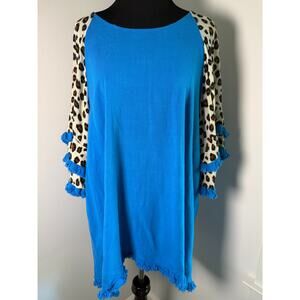 Umgee Linen Leopard Ruffle Sleeve Tunic Top Boho Coastal Cowgirl XL